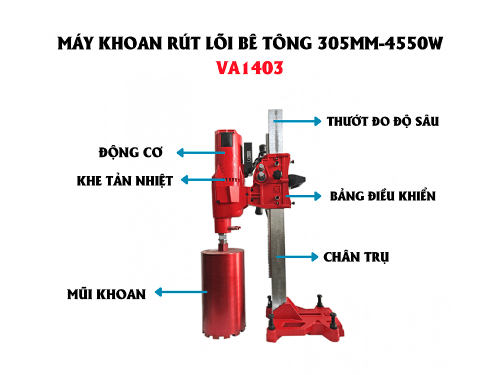 Chi tiết các bộ phận của sản phẩm Máy Khoan Rút Lõi Bê Tông VAC 305mm - VA1403