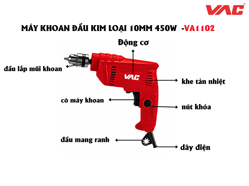 Chi tiết các bộ phận của sản phẩm Máy Khoan VAC 450W 10mm - VA1102