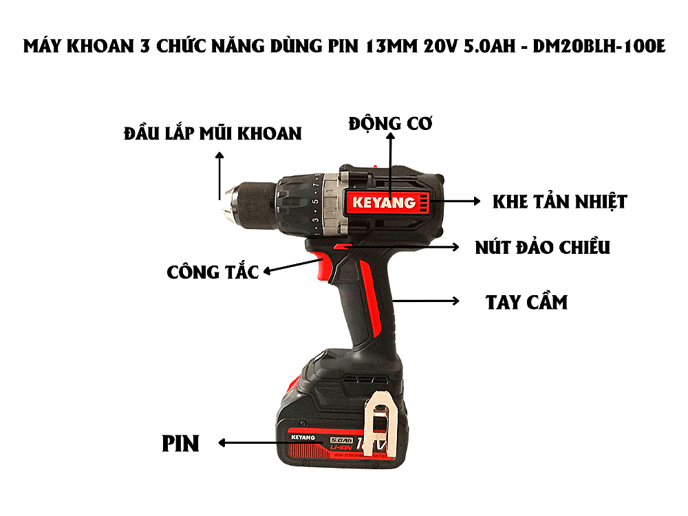 Chi tiết các bộ phận của sản phẩm Máy Khoan 3 Chức Năng Dùng Pin 20V DM20BLH-100E