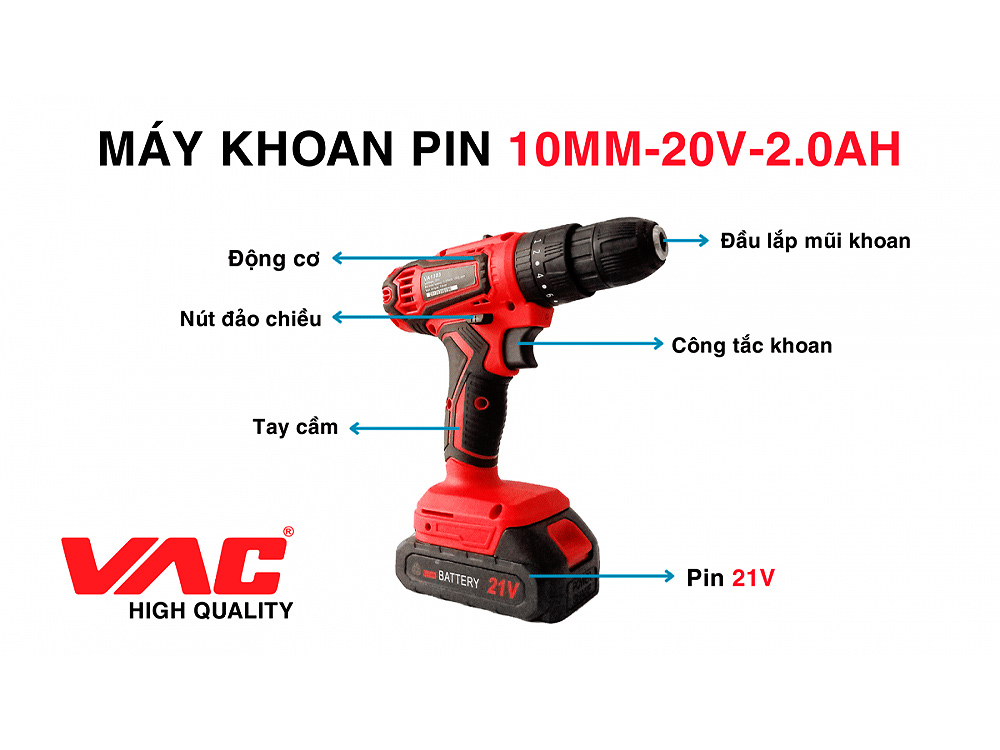 Chi tiết các bộ phận của sản phẩm Máy Khoan Pin 10mm 20V 2.0Ah VA1303