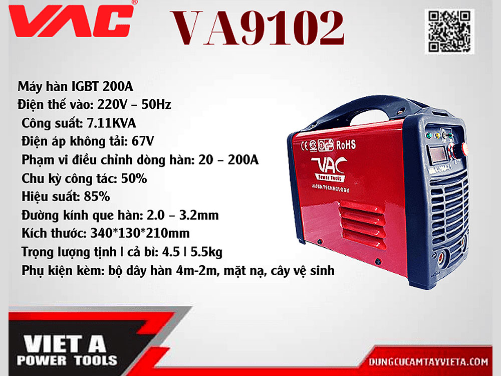 Thông số kỹ thuật của sản phẩm Máy Hàn Điện Tử VAC IGBT - VA9102