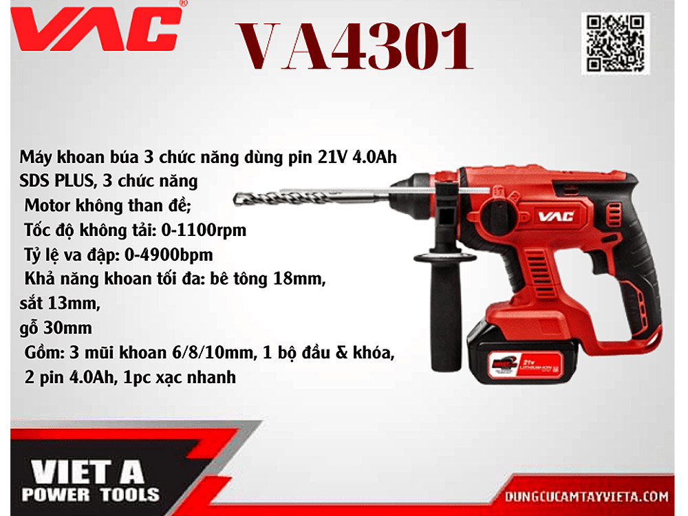 Thông số kỹ thuật của sản phẩm Máy Khoan Búa VAC 3 Chức Năng Dùng Pin 21V VA4301