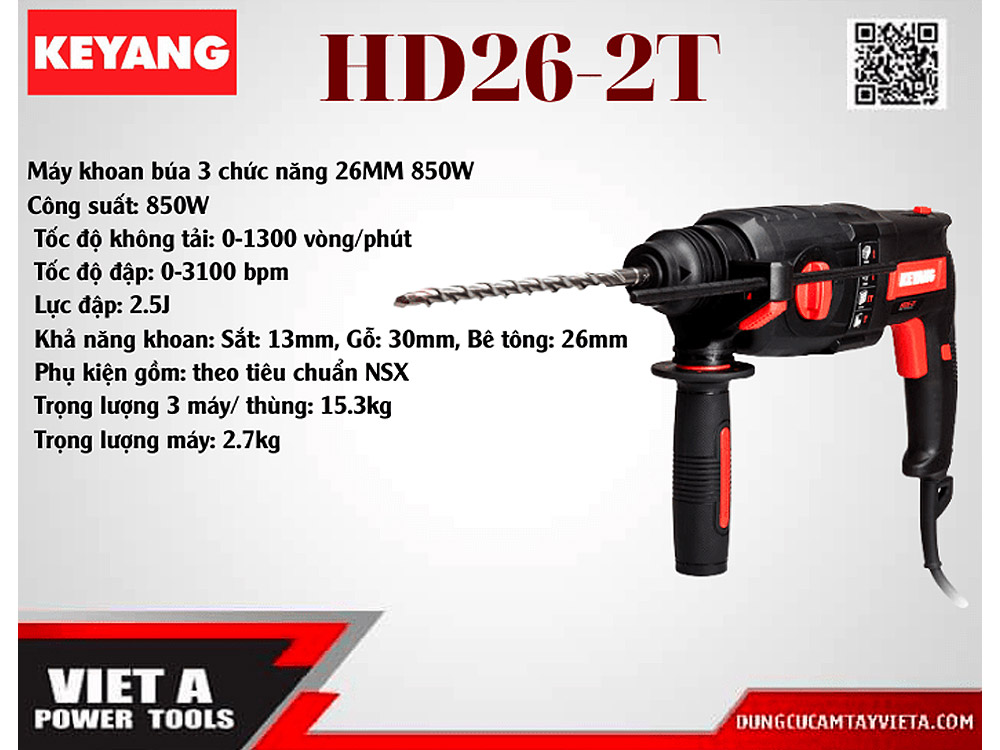 Thông số kỹ thuật của sản phẩm Máy Khoan Động Lực Keyang 26mm HD26-2T (SDS Plus)