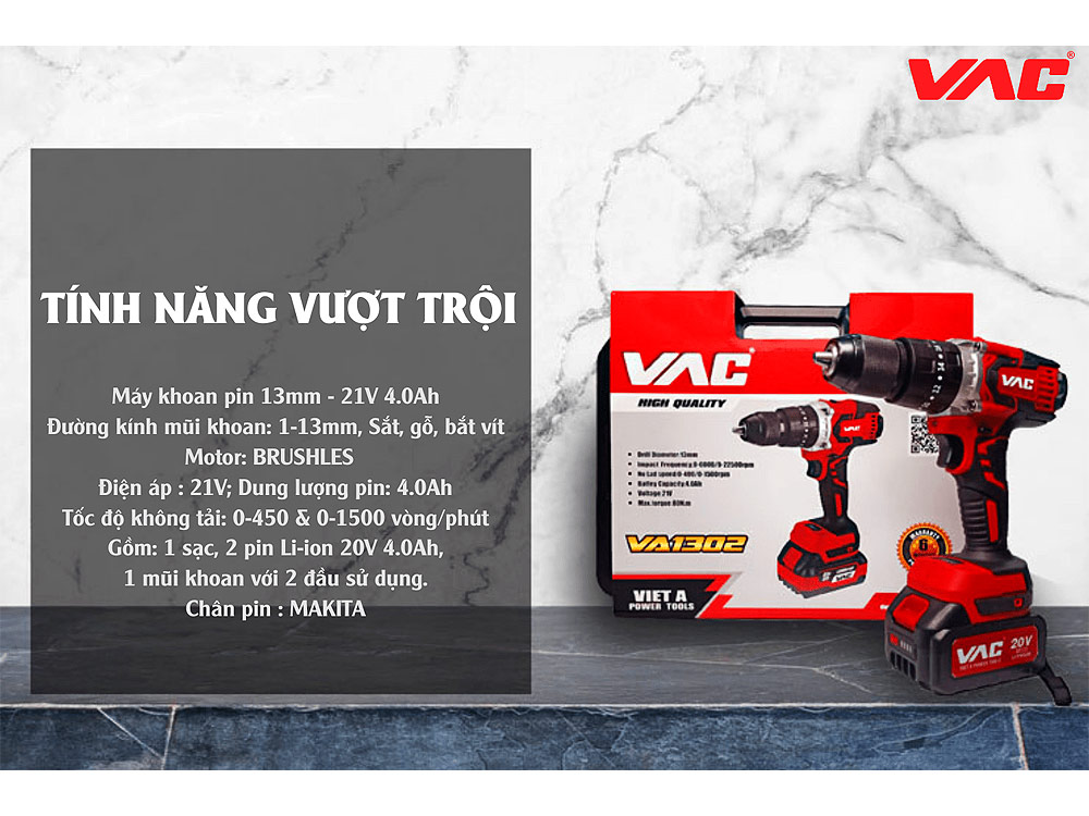 Đặt hàng Máy Khoan Pin 13mm 21V VA1302 chính hãng tại Việt Á Power Tools