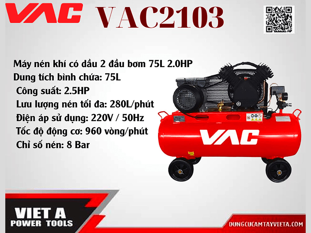 Thông số kỹ thuật của sản phẩm Máy Nén Khí 2 Đầu Bơm VAC (Mô Tơ Dây Đồng) - VAC2103